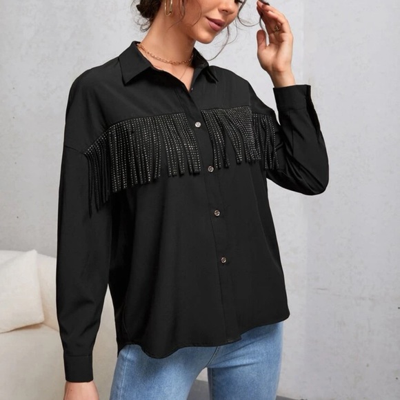 Boho western chic glam button up rhinestone fringe shirt black - Picture 3 of 6